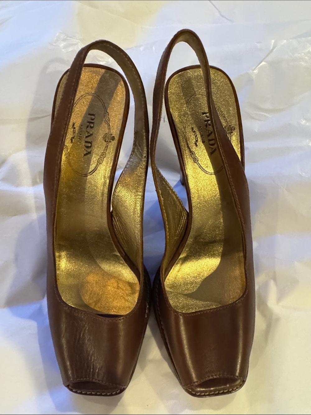 Prada Brown Leather Slingback Heels with Gold Insole